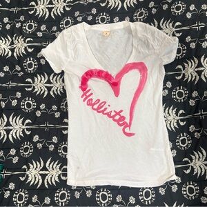 Hollister White Tee with Pink Heart Design